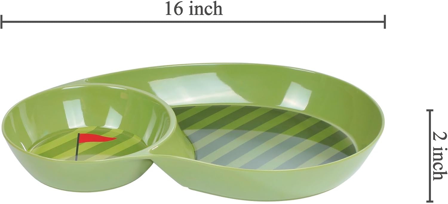 UP Golf-Themed Melamine Chip and Dip Snack Platter, 2-Section Oval Shape Serving Tray with Flag Graphic, for Chips, Salsa, and Fruit, Green, 16 x 10.75 Inch