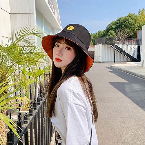 HKHJN 2020 Nuevo Sombrero Bordado de Doble Cara Sombrero de Sol Sonriente Sombrero Sombreros del Cubo del Pescador Salvaje Coreana Sra (Color : Black Orange, Size : One Size)