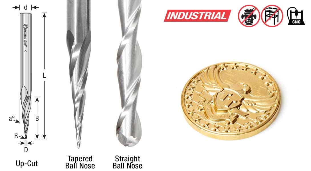 Amana Tool 46280U CNC 2D and 3D Carving 6.2 Deg Tapered Angle Ball Nose x 1/32 D x 1/64 R x 1