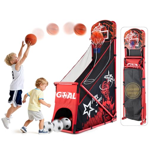 MerryMove Basketball Arcade Game for Kids: Foldable Basketball Hoop Set with Soccer Goal- Portable...