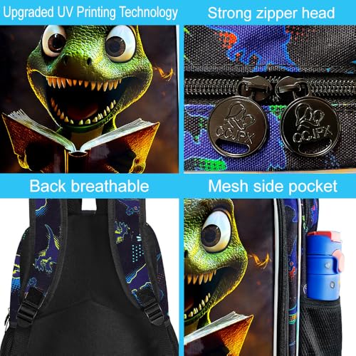 Image of 3Pcs Dinosaur Backpack, Boys Kids Bookbag with Lunch Box, 16 inch Dino School Backpacks for Elementary Preschool Kindergarten (Black)