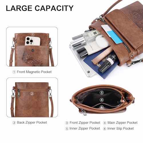Small Crossbody Purse for Women, Vegan Leather Multi Pocket Bag with Adjustable Strap Embossed Travel Shoulder Bag4