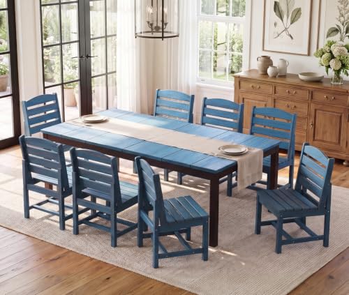 Image of SERWALL Outdoor Dining Set, 9 Piece HDPE Armless Dining Set, Blue