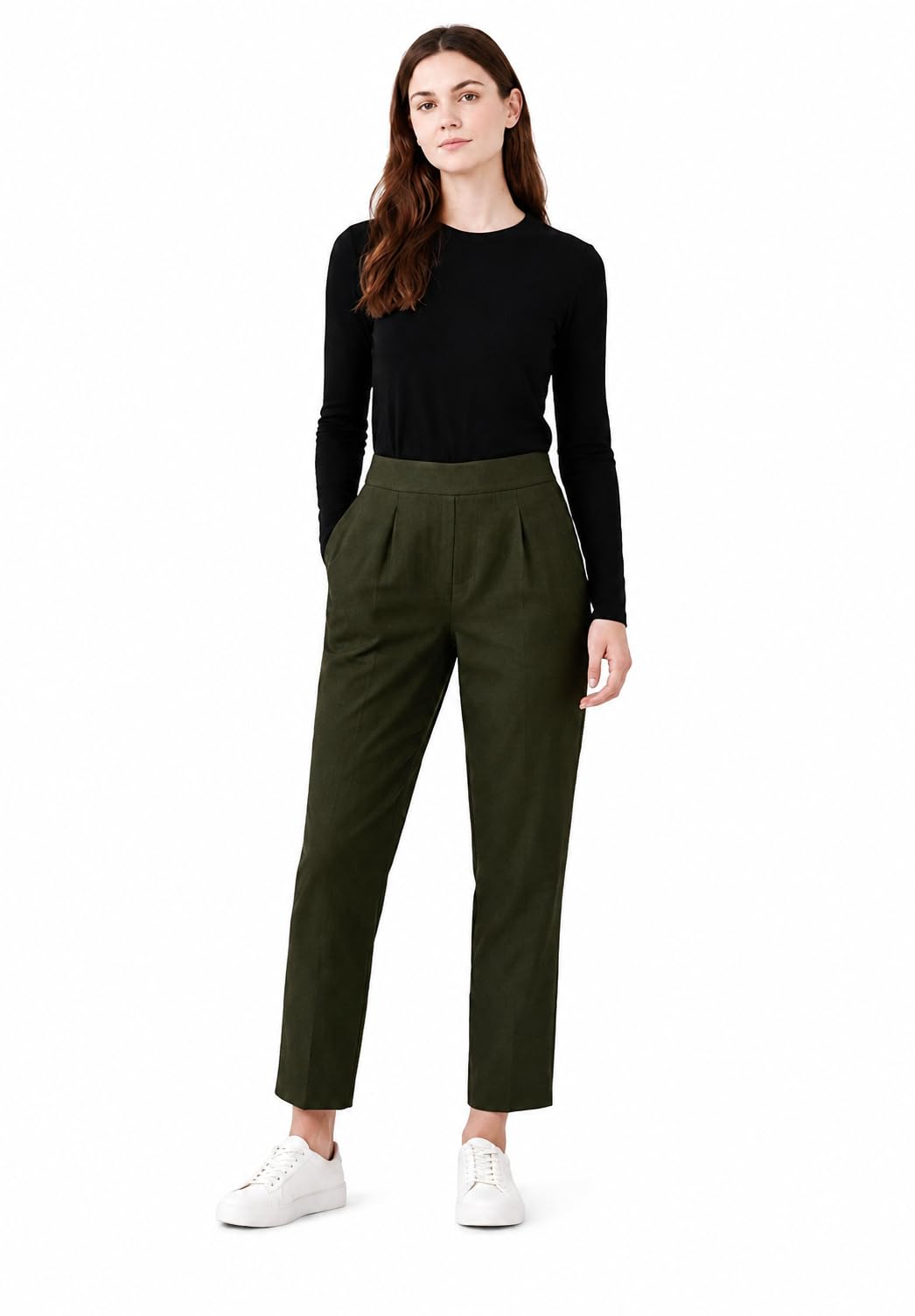 Women's Slim Fit Cotton Trousers | Casual Solid Ankle-Length Pants with Side Pockets | Comfortable Office Trousers for Women |Elite_Pant_Oliv Green_13-picture-19