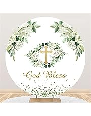 God Bless Round Backdrop 7.2x7.2ft Polyester First Communion Baptism Circle Backdrop Green Leaves Photography Background for Newborn Baby Kids Baby Shower Birthday Party Studio Props Photo Booth