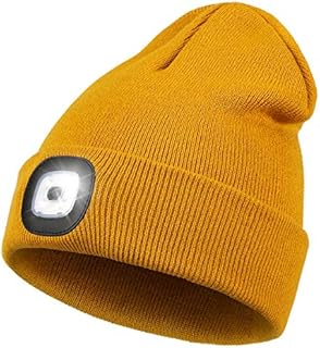 LED Beanie with Light,Unisex USB Rechargeable Hands Free 4 LED Headlamp Cap Winter Knitted Night Lighted Hat Flashlight Women Men Gifts for Dad Him Husband Khaki