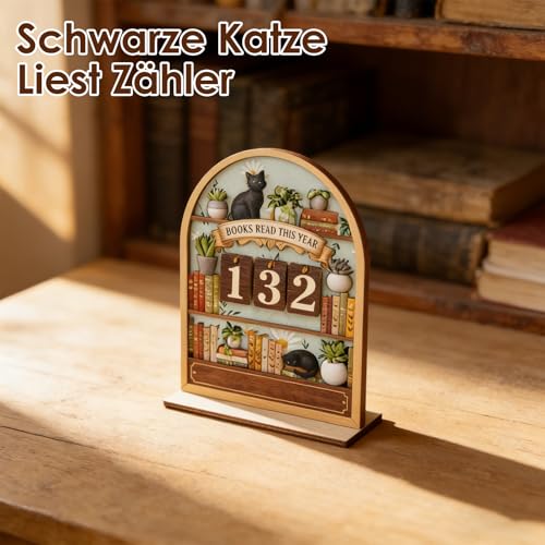 Bücherregal Deko, Holz Lesetracker Deko Schreibtisch mit Schwarzer Katze, Buch Zubehör Komplettes Set für Leseratten und Bookish Stuff, Ästhetische Schreibtischdeko als Geschenk für Leseratte