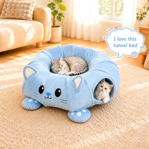Cat Tunnel Bed with 21 Interactive Toys | Kitten Bed with Collapsible Tunnel for Indoor Cats, Cute Play Tube with Enrichment Toys (Blue, Kitten Pattern) - Image 7