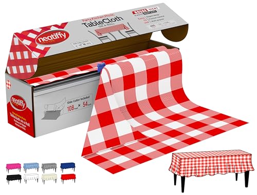 Neatiffy Disposable Plastic Table Cloth Roll | 54 in x 108 Ft Waterproof Tablecloth | Table Cover for Rectangle, Square, Round Oval Tables | Picnic, Party, Banquet, Birthdays, Weddings, Red Checkered