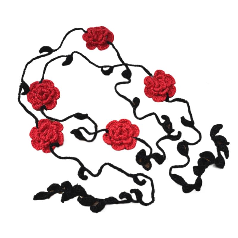 Crochet Rose Flower Neck Scarf Long Skinny Knitted Choker Necklace Neckwear Decoration Vintage Neckerchief Waist Belt
