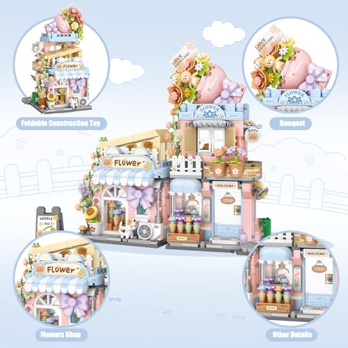 Image of Street View Flower House Shop Mini Building Blocks, MOC Creative Building Toys Cute Panda Building Set for Girls 6-12, Simulation Architecture Construction Toy, Gift Idea for Kids Adults (854 PCS)