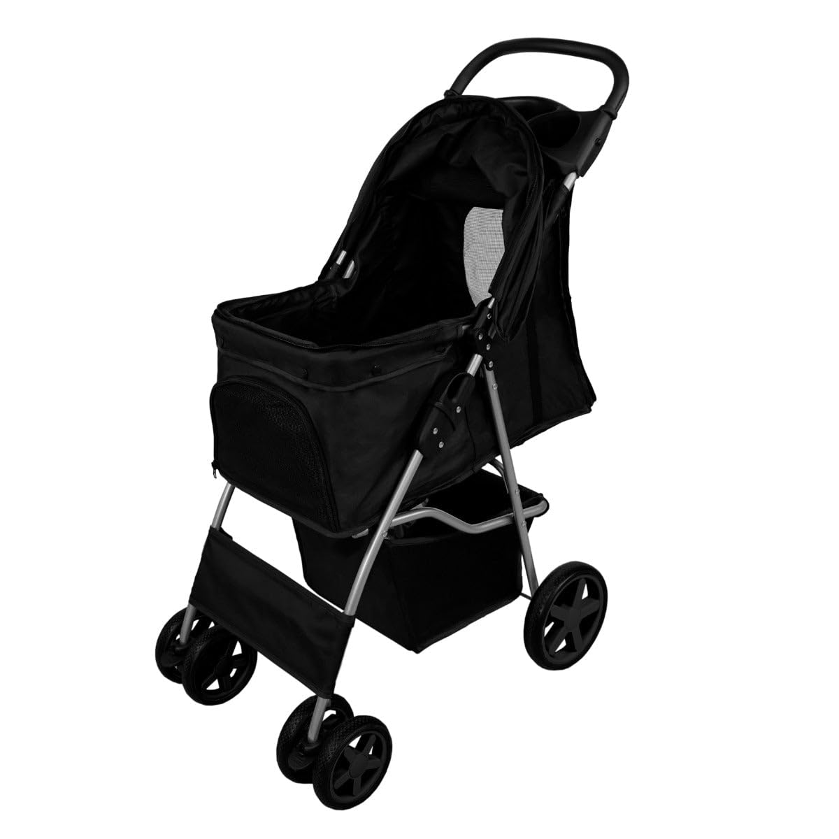 Zwart Hondenbuggy Kinderwagen Drager Opvouwbare Trolley Reiskar 15kg Draagvermogen 4 Wielen Remmen Kat Hond Veiligheid Snelsluiting Riem Kussen Zonnescherm Mand Bekerhouders Waterdichte Regenhoes