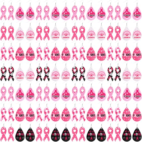 60 Pairs Breast Cancer Earrings-PU Faux Leather Pink Ribbon Earrings with 10 Styles for Women Breast Cancer Survivor Gifts