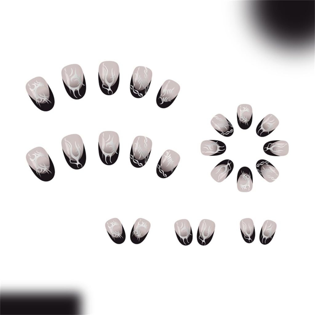 Bold Aesthetic Black French Tips Metallic Silver Edges Artificial Nails Easy Application 24Pieces
