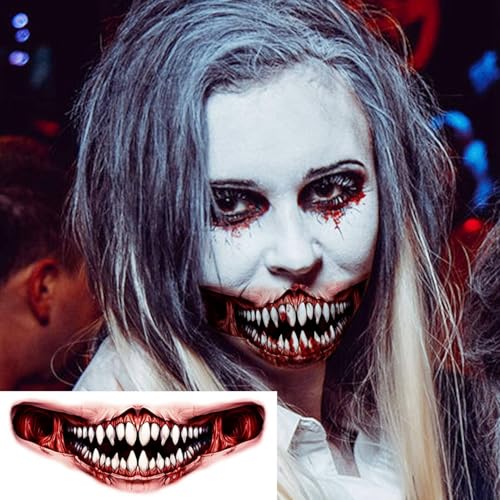 Image of 7 Sheets Halloween Spider Web Eye Temporary Tattoos For Women Men Adults, Realistic Zombie 3D Red Blood Mouth Joker Clown Temp Scary Face Fake Tattoo Stickers, Vampire Tattoos Halloween Makeup Kit
