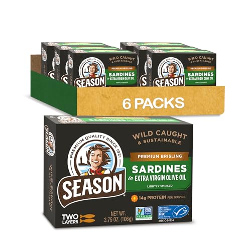 Season Brisling Sardines in Extra Virgin Olive Oil - Wild Caught, 14g of Protein, Keto Snacks, More Omega 3's Than Tuna, Kosher, High in Calcium, Canned Sardines, Two Layers - 3.37 Oz Tins, 6-Pack