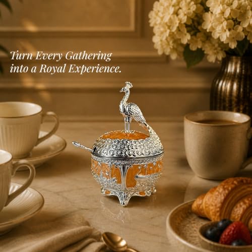 Image of DIVINITI Luxury German Silver Peacock Decorative Bowl with Spoon & Gift Box | Royal Decorative Serving Bowl for Dry Fruits, Mishri & Table Decor | Premium Wedding & Festive Gift (16 cm) (Peach)