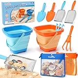 Dreamon Beach Toys, 2 Packs Travel Sand Toys for Kids Ages 4-8 | 10 PCS Sandcastle Building Kit with Collapsible Bucket, Mesh Bag, Sand Sifter, Shovel & Rake, Beach Essentials for Kids