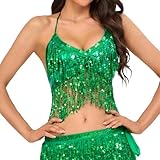 Women's Sequin Tassel Camisole Crop Top Tie Dye Sparkly Fringe Tank Top Belly Dance Rave Festival Vest