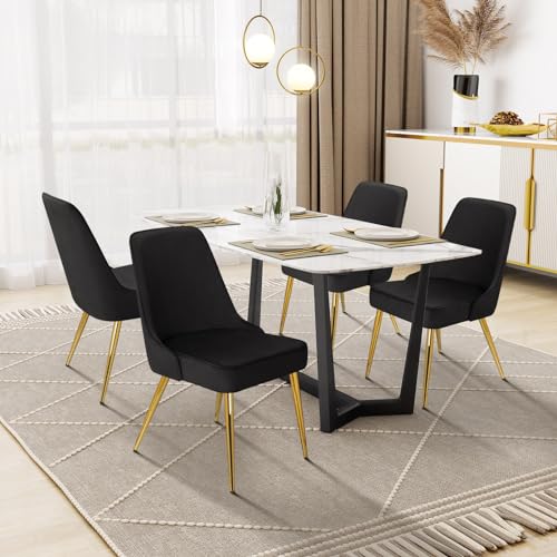 KithKasa Upholstered Dining Chairs Sets of 4, Mid-Century Modern Black Velvet Kitchen Chair with Gold Legs for Kitchen Living Room Dining Room