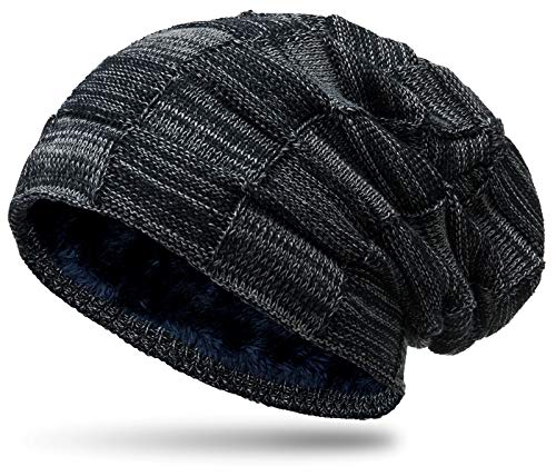 Caspar MU135 Bonnet unisexe motif quadrillage doublé de polaire, Taille:Taille unique, Couleur:bleu foncé - gris