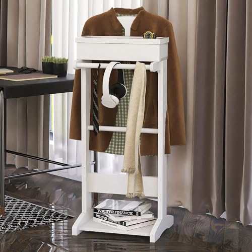 Image of Clothes Valet Stand for Men, Wooden Mens Valet Stand with Tray Organizer, Shoe Shelf, Hanging Rod and Suit Rack, Freestanding Clothes Rack for Bedroom Entryway Office, White