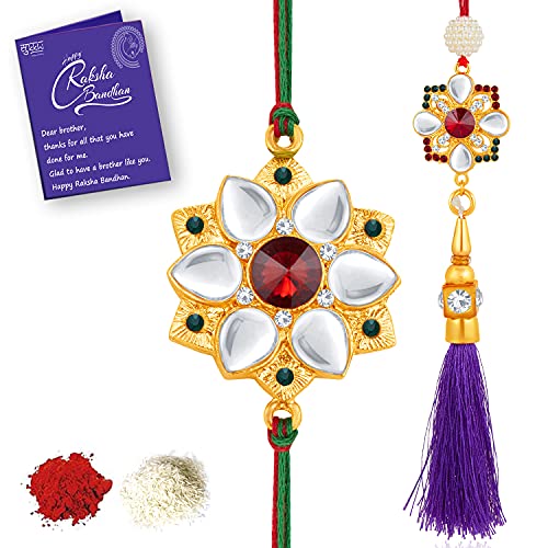 Sukkhi Rakhi Kundan Red & Green Designer Gold Plated Bhaiya Bhabhi Rakhi Lumba Set with Roli Chawal and Greeting Card for Brother |Rakhi for Brother and Bhabhi |Rakhi Lumba Set For Unisex Adult (B09415DK7H) Amazon Price History, Amazon Price Tracker