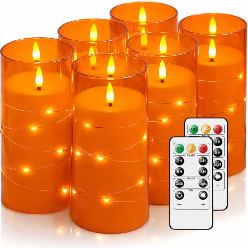 Image of Orange Flickering Flameless Candles with Remote Timer, 6 pcs LED Battery Operated Candles with String Lights, Halloween Fall Candles Decor for Home, Same Size D3 H6