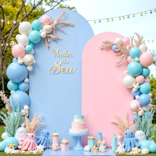 Image of 7.2FT 6FT Arch Backdrop Cover for Wedding, Set of 2 Stretchy Spandex Fitted Arch Stand Cover for Baby Shower, Birthday Party Decor, Chiara Backdrop Cover with Double-Sided Design(Pink, Blue)