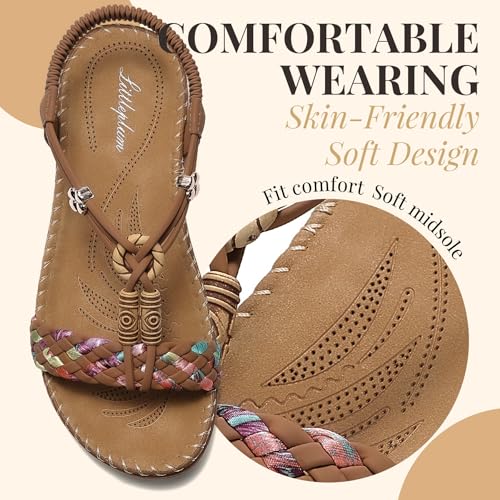 Image of Littleplum Women Sandals Arch Support Handmade Bohemian Braided Flat Sandals Comfort Walking Beach Ankle Elastic Summer Shoes