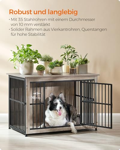 Feandrea Hundekäfig Möbel, Beistelltisch, Hundebox, Moderne Hundehütte Indoor für Hunde bis zu 32 kg, hochbelastbar, geschlossener Boden, Hundehaus 2 Türen, Greige meliert PFC023G01