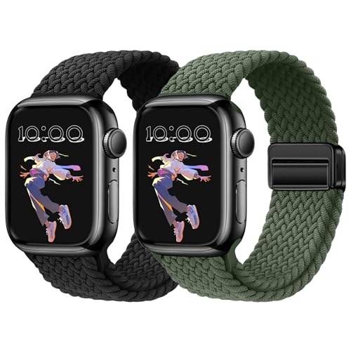 Ya en manzanajugosa.com: MokaZii 2 Pack Nailon Correa para Apple Watch 46mm(Series 11/10) 45mm 44mm 42mm 49mm, Trenzadas Elástica Magnética Correas para iWatch SE 3/2/1/Series 11 10 9 8 7 6 5 4 - Negro + Verde