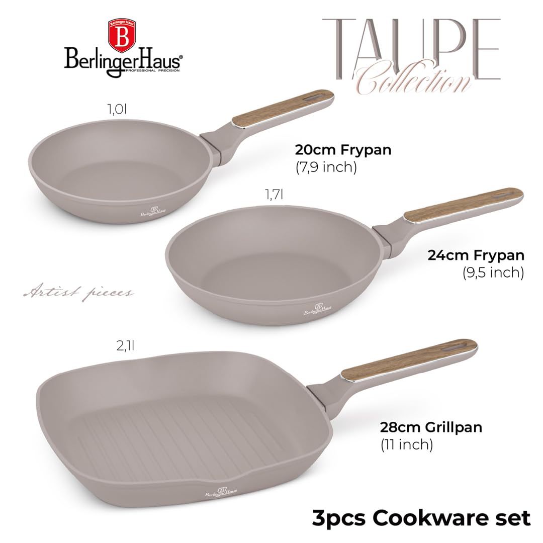 Berlinger Haus Juego de Sartenes Antiadherentes 3 Piezas, Fabricadas en Aluminio Forjado para Cocinas de Inducción, con Mango Ergonómico, Libres de PFOA, Colección Nórdica Taupe