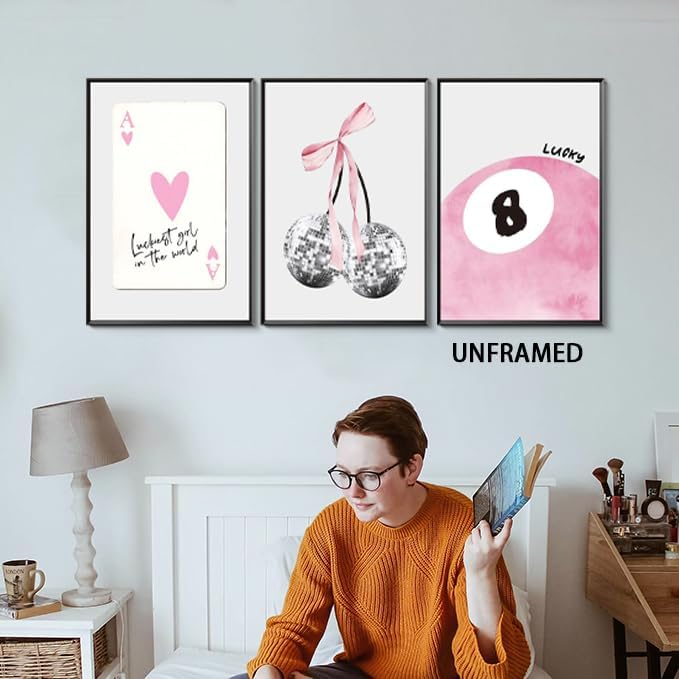Miniatura 6 de JBZZD - Juego de 3 lienzos de pared de coqueta rosa, juego de 3 pósteres de decoración de pared de cerezo de 8 bolas, para decoración de habitación,