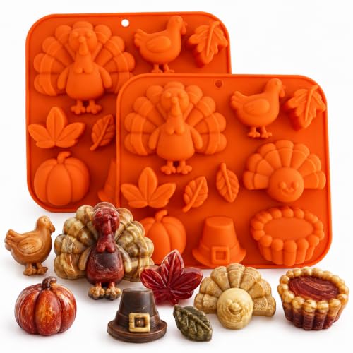 2 Pack Thanksgiving Silicone Molds Fall Silicone Mold Turkey Pumpkin Maple Leaf Silicone Molds Thanksgiving Mould for Chocolate Fondant Cupcake Topper Ice Soap Wax Resin Thanksgiving Autumn DIY Decor