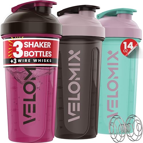 VELOMIX 3 Pack 14 oz Protein Shaker Bottle for Mixes - 3 Wire Whisk Balls | Stackable Leak Proof Cups | Dishwasher Safe BPA-Free (Mixed Colors)