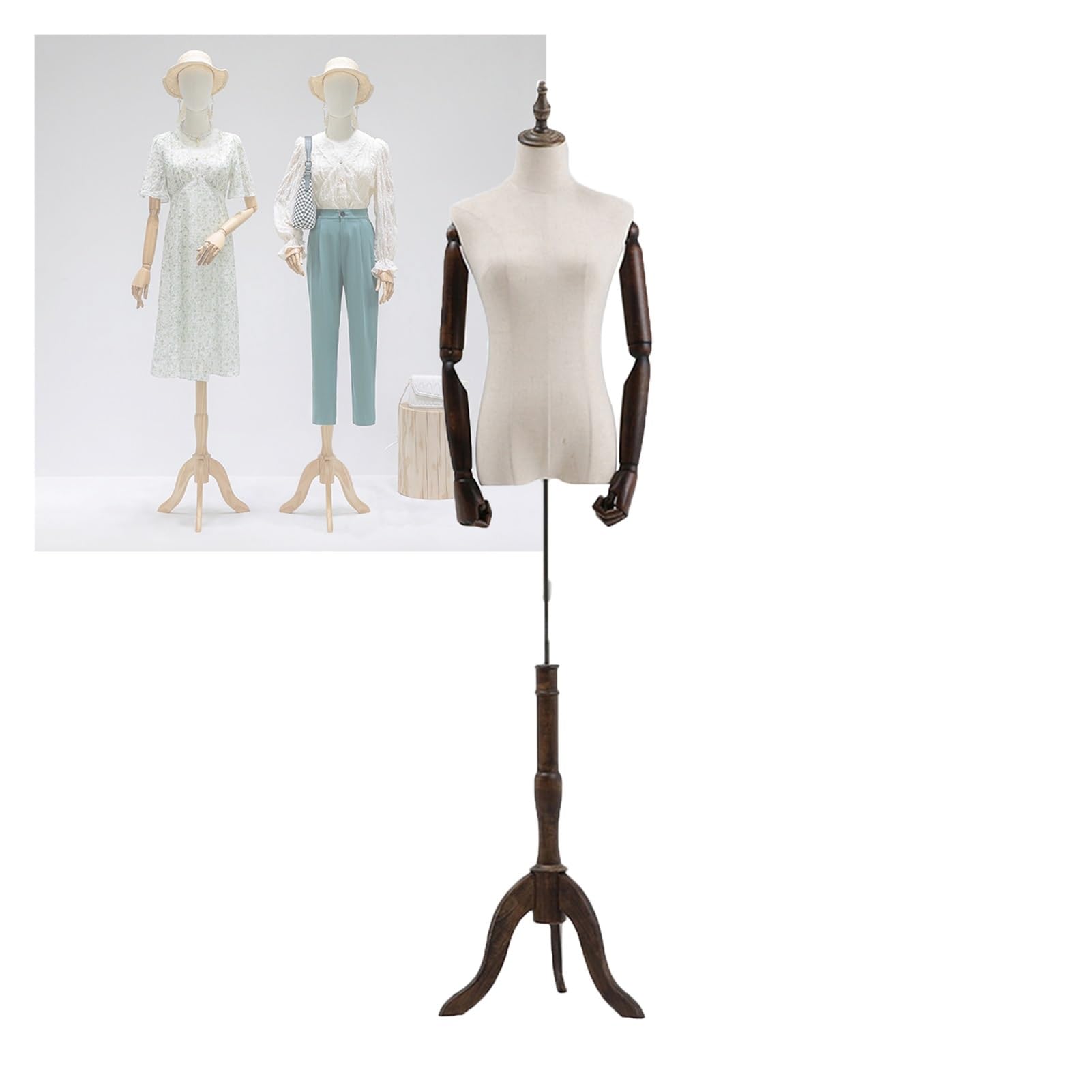 Buste de mannequin femme avec tête, bras en bois et trépied réglable en hauteur 132-182 cm pour présentation de couture