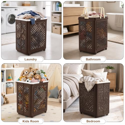 Image of JD FRESH Large 45 Liters Foldable Laundry Basket /Multipurpose Laundry Bag for Clothes with Wheels and Integrated Handles /Movable Plastic Clothes Basket /Laundry Bucket for Home & Laundry Room (Brown)