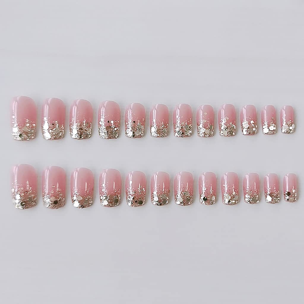 Amazon.com: RikView Press on Nails Short Fake Nails Pink Nails Clear Square  Acrylic Nails with Sequins : Beauty & Personal Care