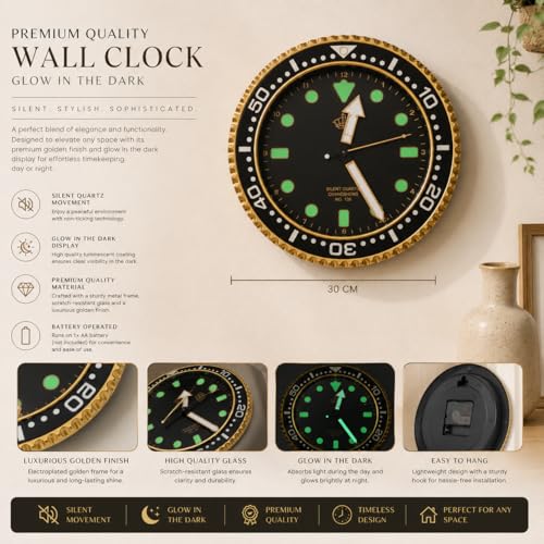 Image of Xtore Striking Nautical Dial Wall Clock for Living Room, Office & Bedroom Decor | Bold Design with Luminous Markers & Silent Quartz Movement (Black & Gold, 30 cm)