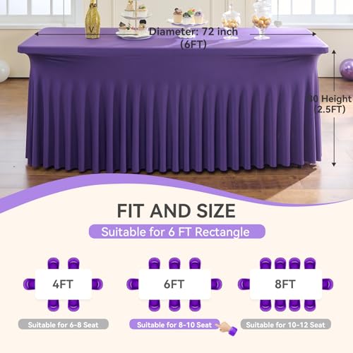 Image of Outpain Deep Purple Spandex Table Clothes for 6 Foot Rectangle Tables-6Pack 6FT Spandex Fitted Table Cover, Wrinkle Free Tablecloths with Skirt for Parties, Wedding, Birthday, Banquet, Festival