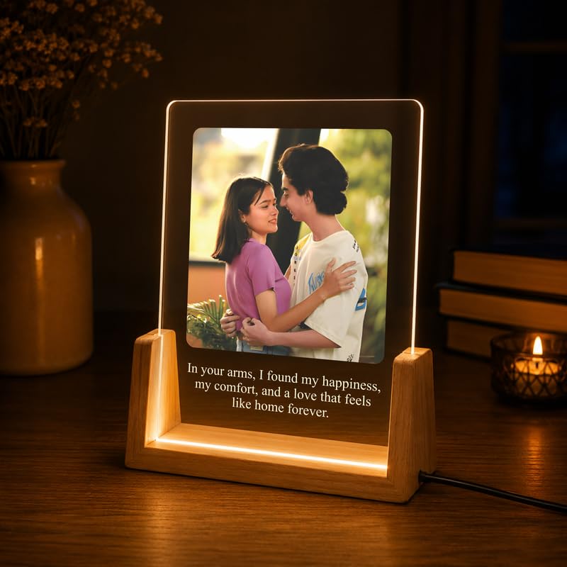 Image of Giftplease Personalized LED Acrylic Photo Frame with Custom Photo & Text | Engraved Acrylic Picture Lamp | Wooden LED Base | USB Night Light | Anniversary Wedding Birthday Couple Family Home Decor