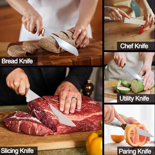 Image of MAMYA Kitchen Knife Set, 7-Piece with Knife Holder Block, Non-Stick Non-Slip Sharp Stainless Steel Suitable for Home and Restaurant (White)