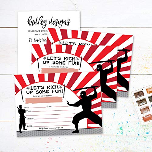 Image of Hadley Designs Kids Birthday Invitations For Boys Ninja Theme - 25 Ninja Birthday Party Invitations For Boys, Martial Arts Invites For Boy, Cute Karate Party Supplies, Made In USA