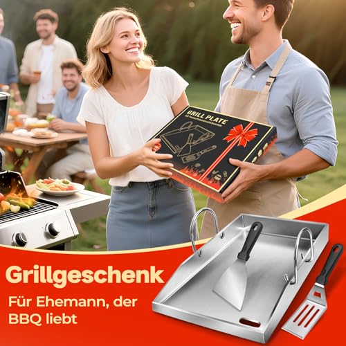 Grillplatte Plancha, 4 mm starker Edelstahlgrill für Gas- und Holzkohlegrills 40 x 30 x 4 cm, mit abnehmbarem Griff, mit 2 Grillspatel-Set,Grillgeschenke für Männer und Frauen 4