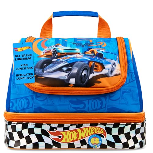 Get Trend Hot Wheels Bolsa Termica Porta Alimentos Infantil Bolsa Almuerzo con Compartimentos Nevera Bolso para Escuela Picnic Viajar (Azul Hot Wheels)