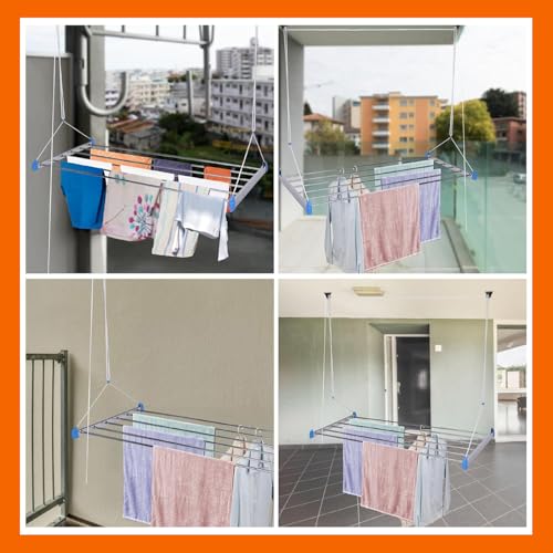 Image of Amazon Basics Stainless Steel Ceiling Cloth Dryer (Economy Model, Blue) - 6 Pipes x 6 Feet with UV-Protected Ropes & Pulley - Space-Saving Drying Stand for Balcony