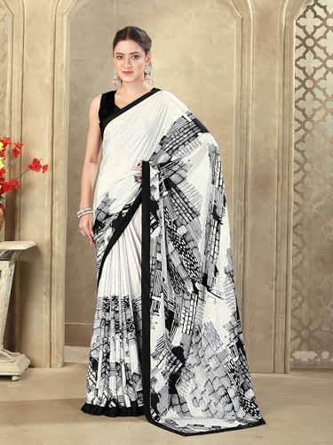 Image of SIRIL Women's Crepe Silk Printed Saree with Unstitched Blouse Piece