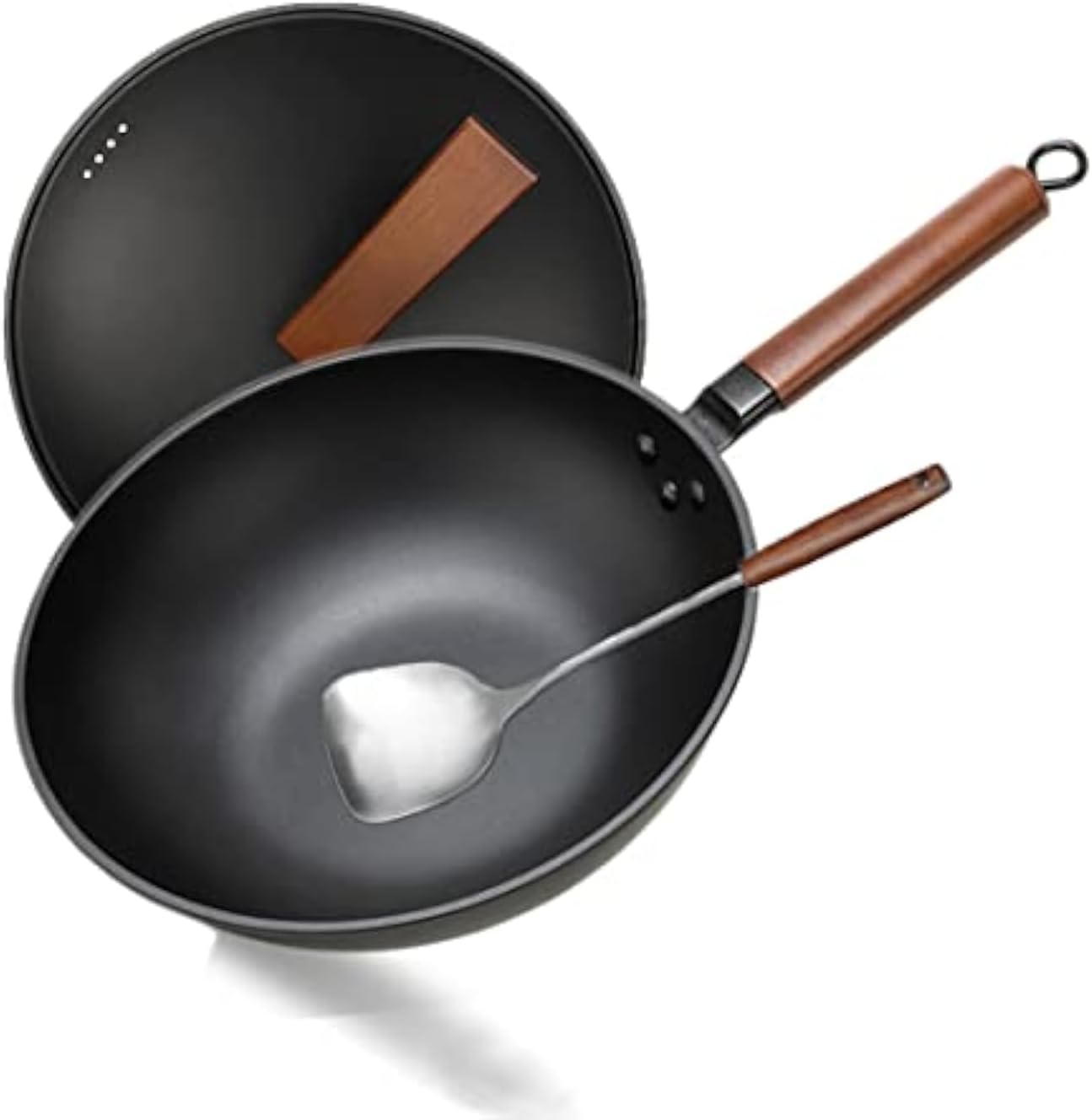 Wok Non Stick, 13-Inch Carbon Steel Wok with Lid,Stir-Fry Pan, Frying Pan with Spatula Stir Frying Pan,Flat Base Pan for 4-6 People,No Chemical Coated,for Induction Gas and Electric Stoves