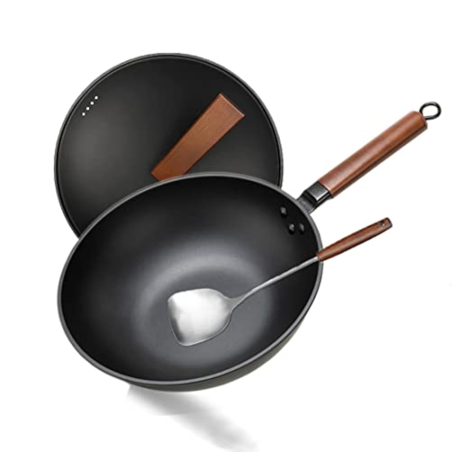 Wok Non Stick, 13-Inch Carbon Steel Wok with Lid,Stir-Fry Pan, Frying Pan with Spatula Stir Frying Pan,Flat Base Pan for 4-6 People,No Chemical Coated,for Induction Gas and Electric Stoves